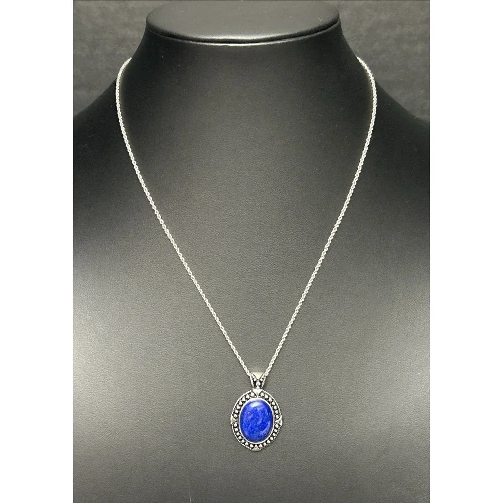 Vintage ATI Sterling Silver 925 Lapis Lazuli Pendant Necklace 18